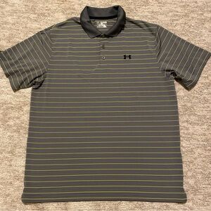 Under Armour Polo Shirt Men's 2XL Gray Green Striped Golf Performance Heatgear